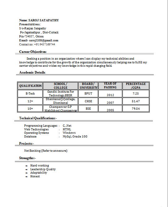 Download sample resume for freshers pdf